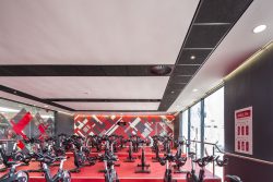 Bulkheads and interesting black and white ceiling in the spinning studio