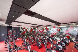 Bulkheads and interesting black and white ceiling in the spinning studio