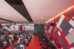 Bulkheads and interesting black and white ceiling in the spinning studio