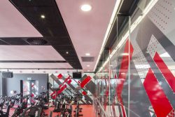 Bulkheads and interesting black and white ceiling in the spinning studio