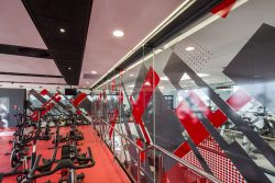 Bulkheads and interesting black and white ceiling in the spinning studio