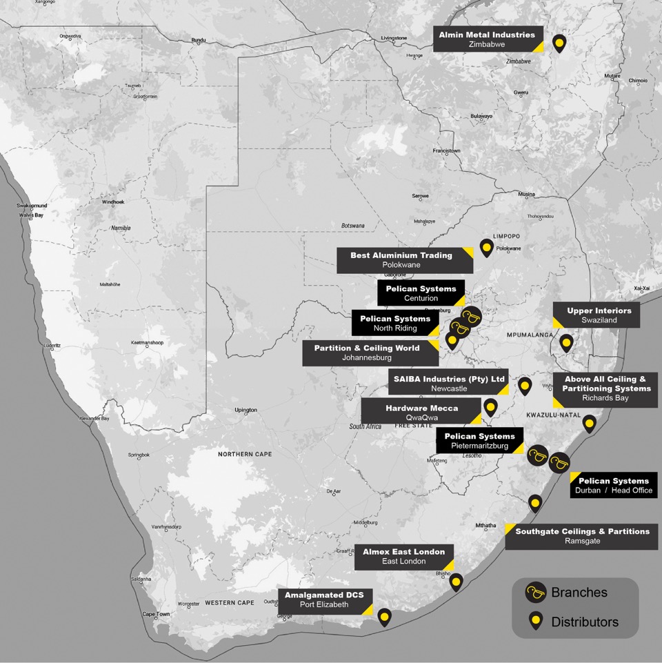 Map showing Pelican branches and Distributors